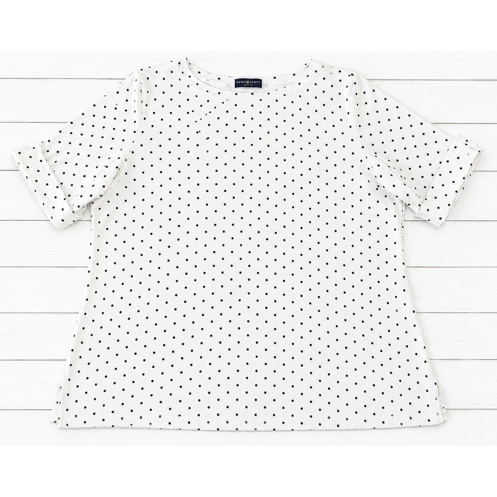 Karen Scott Woman Polka Dot Boat Neck Cuffed Short Sleeve Top White Black 1X